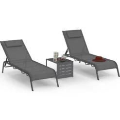 Lot de 2 transats de jardin inclinables avec table d'appoint modulable en acier gris anthracite et toile grise