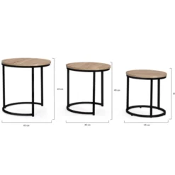 Lot 3 tables basses gigognes rondes bois métal industrielles 35/40/45 cm