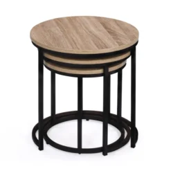Lot 3 tables basses gigognes rondes bois métal industrielles 35/40/45 cm