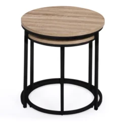 Lot 2 tables basses gigognes rondes bois métal industrielles 40/45 cm