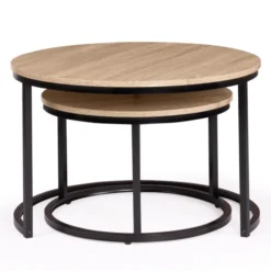 Lot 2 tables basses gigognes rondes bois métal industrielles