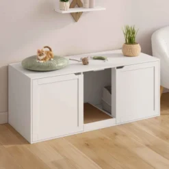 Maison de toilette chat XL cache-litière 2 portes et griffoir bois blanc