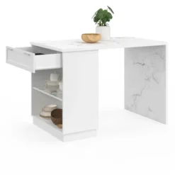 Mange-debout 4 personnes ilot central blanc et plateau marbre 130 cm