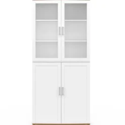 Meuble armoire colonne salle de bain VITO 4 portes dont 2 vitrées blanc et bois