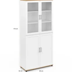 Meuble armoire colonne salle de bain VITO 4 portes dont 2 vitrées blanc et bois