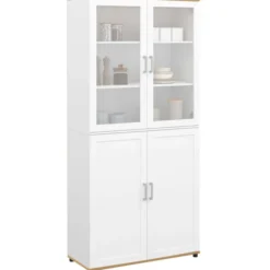 Meuble armoire colonne salle de bain VITO 4 portes dont 2 vitrées blanc et bois