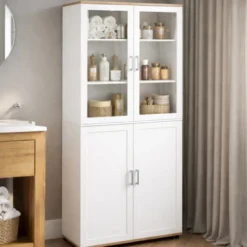 Meuble armoire colonne salle de bain VITO 4 portes dont 2 vitrées blanc et bois
