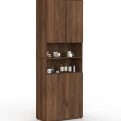 Meuble armoire colonne salle de bain 4 portes 2 niches effet noyer