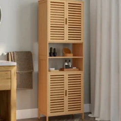 Meuble armoire colonne salle de bain 4 portes et 2 niches bambou