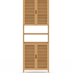 Meuble armoire colonne salle de bain 4 portes et 2 niches bambou
