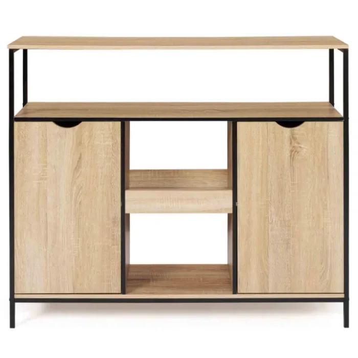 Meuble bar industriel en bois et métal avec portes et étagères
