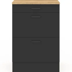 Meuble bas de cuisine 60 cm appoint casserolier 3 tiroirs bois et noir