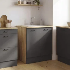 Meuble bas de cuisine 80 cm appoint 2 portes bois et noir