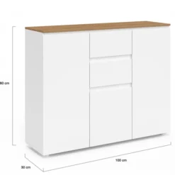 Meuble buffet 100 cm 3 portes 2 tiroirs blanc et plateau bois