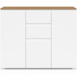 Meuble buffet 100 cm 3 portes 2 tiroirs blanc et plateau bois