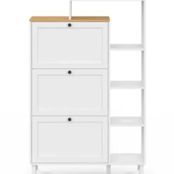 Meuble à chaussures 18 paires ACHILLE 3 portes blanc et plateau bois avec étagère
