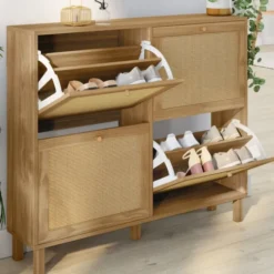 Meuble à chaussures 20 paires et 4 portes vintage effet naturel cannage