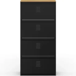 Meuble à chaussures 24 paires 4 portes métal noir et plateau bois design industriel