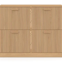 Meuble à chaussures 20 paires 4 portes lattes tasseau bois coloris chêne