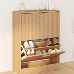 Meuble à chaussures 12 paires 2 portes lattes bois coloris chêne
