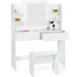 Meuble coiffeuse blanche avec miroir LED et tabouret