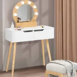 Meuble coiffeuse blanche style scandinave avec miroir LED et tiroirs