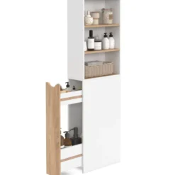 Meuble colonne salle de bain gain de place desserte 2 niveaux avec tiroirs et 3 étagères façon hêtre et blanc