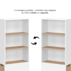 Meuble colonne salle de bain gain de place desserte 2 niveaux avec tiroirs et 3 étagères façon hêtre et blanc