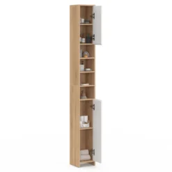 Meuble colonne salle de bain 2 portes 4 niches façon hêtre et blanc