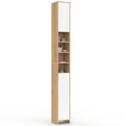 Meuble colonne salle de bain 2 portes 4 niches façon hêtre et blanc