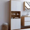 Meuble colonne salle de bain 4 portes 2 niches façon hêtre et blanc
