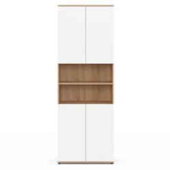 Meuble colonne salle de bain 4 portes 2 niches façon hêtre et blanc