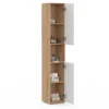 Meuble colonne salle de bain suspendu 2 portes 1 niche façon hêtre et blanc