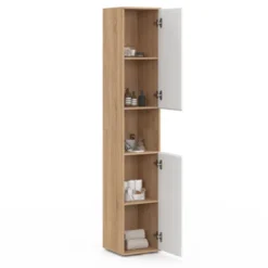 Meuble colonne salle de bain suspendu 2 portes 1 niche façon hêtre et blanc