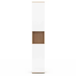 Meuble colonne salle de bain suspendu 2 portes 1 niche façon hêtre et blanc