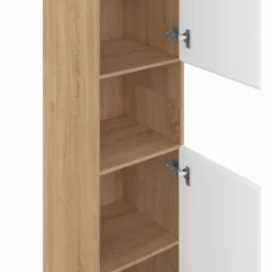Meuble colonne salle de bain suspendu 2 portes 1 niche façon hêtre et blanc