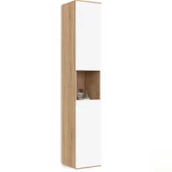 Meuble colonne salle de bain suspendu 2 portes 1 niche façon hêtre et blanc
