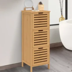 Meuble d'appoint salle de bain bambou 3 portes 30 x 30 x 80 cm