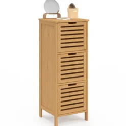 Meuble d'appoint salle de bain bambou 3 portes 30 x 30 x 80 cm