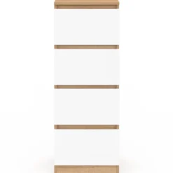 Meuble d'appoint 4 tiroirs 30 cm chiffonnier bois façon hêtre et blanc pour entrée salle de bain