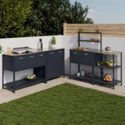 Meuble de cuisine extérieure 2 portes et 2 étagères suspendues en acier gris anthracite