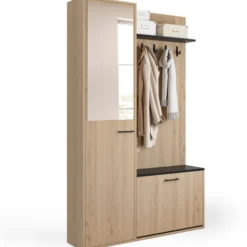 Meuble d’entrée vestiaire effet bois et noir avec banc rangement à chaussures, miroir 1 porte et étagères