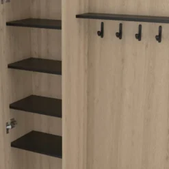 Meuble d’entrée vestiaire effet bois et noir avec banc rangement à chaussures, miroir 1 porte et étagères