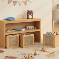 Meuble de rangement enfant bois et cannage 3 tiroirs cubes sur roulettes
