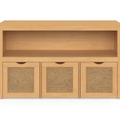 Meuble de rangement enfant bois et cannage 3 tiroirs cubes sur roulettes