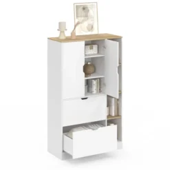 Meuble de rangement L. 80 cm pour bureau, chambre, entrée avec portes et tiroirs blanc et bois