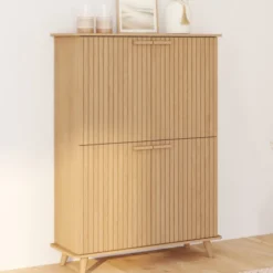 Meuble de rangement 4 portes effet lattes tasseau bois coloris chêne