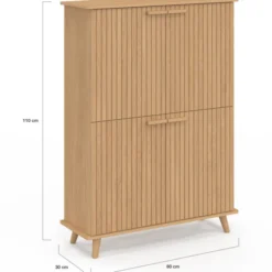 Meuble de rangement 4 portes effet lattes tasseau bois coloris chêne