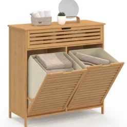 Meuble de rangement salle de bain bambou 2 paniers à linge amovibles 1 tiroir tissu écru