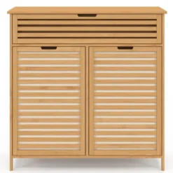 Meuble de rangement salle de bain bambou 2 paniers à linge amovibles 1 tiroir tissu écru